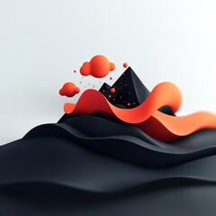 Poster - Ominous and dramatic 3D abstract landscape featuring a striking black canvas with swirling dynamic red shapes and particles creating an ominous and captivating mountain like formation