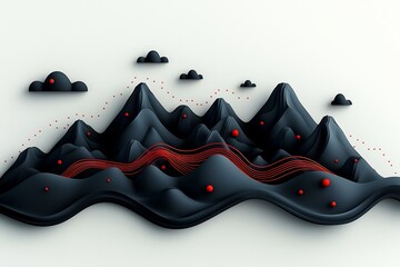 Poster - Dreamlike abstract mountain range in inky black and midnight blue hues with scattered crimson dots and sinuous red lines weaving a wave like pattern across the rugged terrain