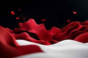 Poster - Flowing red dots and dynamic lines composing abstract mountainous shapes on a deep black backdrop 3D rendering with a bright white digital artwork