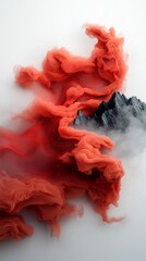 Poster - Dynamic and surreal abstract scene featuring an undulating wave pattern of vibrant red dots and lines flowing across a mountainous 3D landscape set against a minimalist white background with a finish