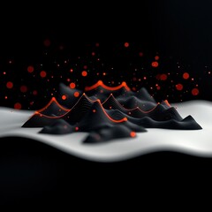 Poster - Captivating 3D mountainous mirage with elegant lines and flickering red dots crafted against an eerie black background seamlessly blended with a minimalist white backdrop