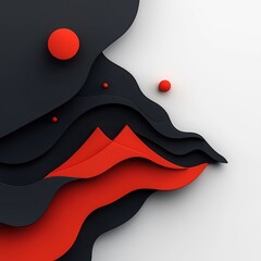 Poster - Captivating geometric silhouette forms a mysterious 3D abstract landscape  with undulating red shapes against a minimalist black and white backdrop  creating a mesmerizing  futuristic