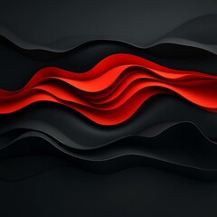 Poster - Striking abstract digital artwork featuring a shadowy black void backdrop with undulating dynamic red geometric forms that shape a surreal mountain landscape  The design has a futuristic