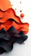 Poster - Captivating abstract scene featuring a dynamic undulating wave pattern of vibrant red dots and lines flowing across a striking 3D mountainous landscape
