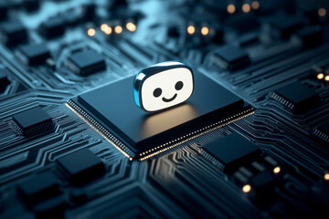 Wall Mural - A cute AI chatbot icon with glowing eyes sitting on a microchip, representing the concept of artificial intelligence and friendly technology