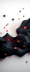Poster - Transcendent Monochromatic Abstract Landscape with Shadowy Black and Somber Gray Tones Sprinkled with Crimson Dots and Dynamic Wave Like Line Work Across a Mountainous Backdrop