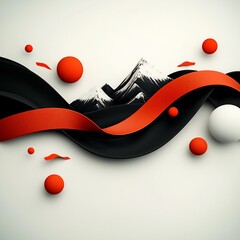 Poster - Captivating Mountainous Mirage in Inky Black Expanse with Twisting Red Ribbons and Spheres   3D Visualization of a Surreal Geometric and Imaginative Digital Landscape