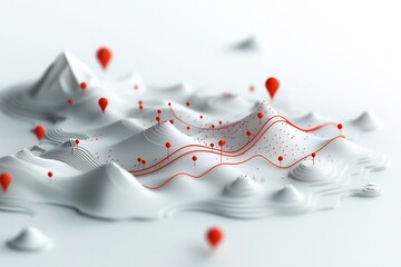 Poster - Dramatic abstract 3D landscape featuring a visually striking wave like pattern of red dots and lines across a mountainous terrain  The image has a bright white environment with a conceptual feel