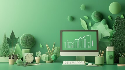 Poster - Green Desk Setup with Growth Chart on Computer Screen