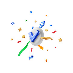 Poster - 3D color party confetti with approved check mark. Render colorful confetti and checkmark. Color firecracker elements in various shapes. Party, holiday, surprise birthday events. Vector illustration