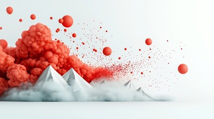 Poster - Captivating moody 3D digital art scene featuring a dynamic flow of red dots and lines creating a striking mountainous landscape with a minimalist white setting  This abstract