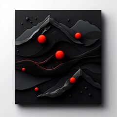 Poster - Ominous abstract digital featuring a dramatic mountain landscape with pulsing red orbs and flowing lines creating a surreal and captivating 3D scene against a seamless black backdrop