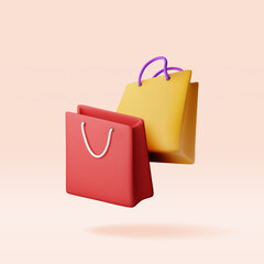 Poster - 3D bunch of shopping bag isolated. Render collection of realistic gift bag. Sale discount or clearance concept. Online or retail shopping symbol. Fashion handbag. Vector illustration