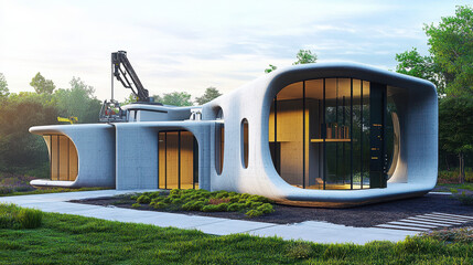 Poster - Eco-Friendly 3D Printed Home with Modern Minimalist Design in Sustainable Neighborhood