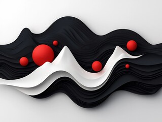 Poster - Enigmatic abstract scenery featuring a deep black and charcoal backdrop with undulating red spheres and fluid line work simulating a wave like motion across the mountainous landforms
