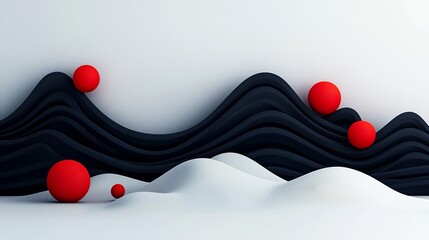 Poster - Captivating and surreal 3D digital art scenery featuring a mountainous landscape with inky black and midnight blue tones vibrant red globular shapes