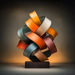 Poster - Minimalist geometric abstract sculpture with precision engineered interlocking glass and metal forms bathed in dramatic chiaroscuro lighting