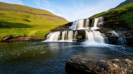 Wall Mural - serene waterfall cascading over terraced rocks in lush landscape