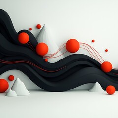 Poster - Captivating surreal 3D featuring a shadowy void with pulsing red orbs and flowing lines creating a dynamic and atmospheric mountainous composition in a clean minimalist setting