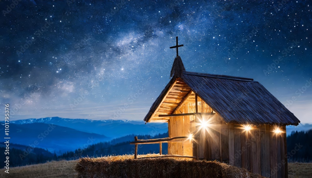 Wooden Stable Under a Dark Blue Starry Night Depicting the Birth of ...
