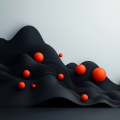 Poster - Shadowy black void with pulsing red orbs and flowing lines shaping a surreal mountainous 3D digital in a bright white studio setting  Conceptual modern and visually striking abstract art