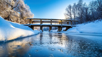 Wall Mural - picturesque winter landscape featuring wooden bridge over frozen river, surrounded by snow covered trees and clear blue sky. serene scene evokes sense of tranquility and beauty