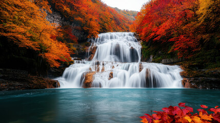 Wall Mural - Breathtaking multi tiered waterfall surrounded by vibrant autumn foliage