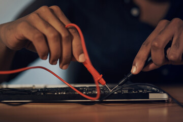 Poster - Circuit board, hands and soldering iron with computer technician in office for maintenance or repair. Building, hardware and technology with IT engineer fixing mobo connection in workshop closeup