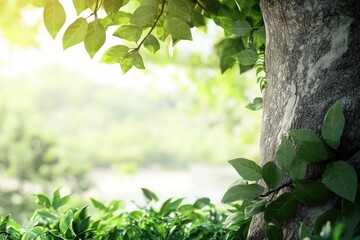 a close-up view of a tree trunk covered in lush green leaves