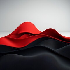 Poster - Surreal digital art featuring a shadowy black void with undulating red geometric forms shaping a captivating mountain landscape  Created using 3D computer graphics in a bright white studio setting
