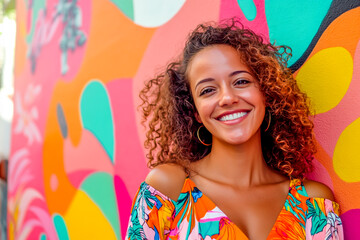 a smiling woman standing against a colourful mural, with space for text. Smiling ethnic girl with curly hair wearing a bright outfit (1)