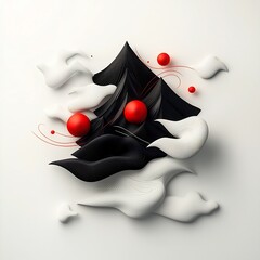 Poster - Captivating surreal featuring a dark shadowy void with pulsing red orbs and flowing lines that shape a mountainous three dimensional landscape in a pristine white digital environment