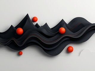 Poster - Enigmatic abstract scenery with a deep black and charcoal backdrop featuring undulating red spheres and fluid line work simulating a wave like motion across the mountainous landforms