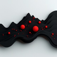 Poster - Ethereal Monochrome Mountain Landscape Surreal 3D digital painting featuring a shadowy black void with undulating lines and shimmering red dots