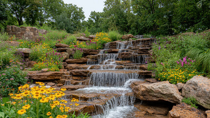 Wall Mural - serene waterfall cascading over rocky terraces surrounded by vibrant flowers