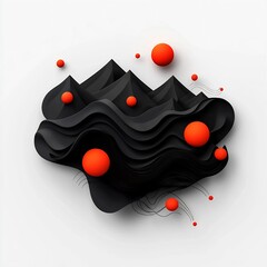 Poster - Shadowy black void with pulsing red orbs and flowing lines shaping a surreal minimalist mountainous 3D digital painting against a seamless white backdrop creating a conceptual futuristic