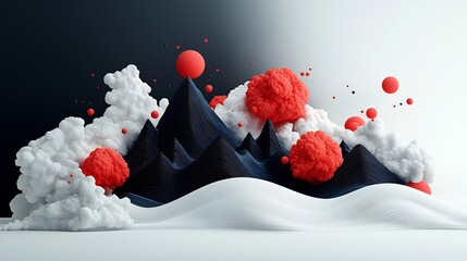 Poster - Transcendent abstract scenery with inky black and midnight blue tones vibrant red globular shapes