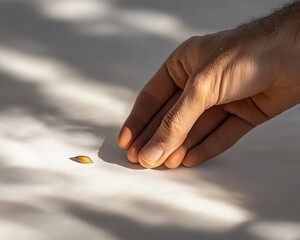 Wall Mural - A hand planting a mustard seed on a white background, soft light casting shadows, evoking the idea of faith and transformation in simple beginnings