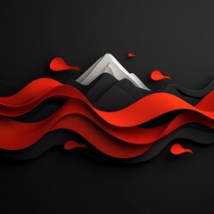 Poster - Moody abstract landscape featuring a mesmerizing mountainous silhouette framed by dynamic winding crimson geometric waves against a dark minimal background