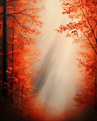 Poster - Enchanting autumn forest scene with vibrant fall foliage sunlight filtering through the trees and a warm earthy palette reminiscent of an impressionist painting
