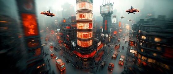 Poster - Breathtaking neon lit futuristic cityscape at night featuring holographic skyscrapers flying vehicles and a dramatic chiaroscuro lighting effect created through long exposure photography