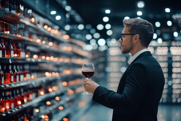 Wall Mural - Elegant hand holding a glass of red wine at a festive gathering with warm bokeh lights