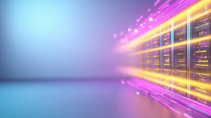 Poster - A vibrant, futuristic data center illuminated with colorful lights, symbolizing technology and digital innovation.