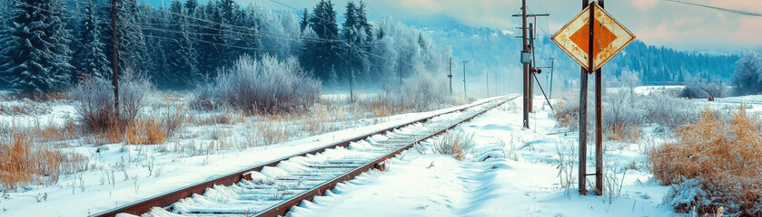 Wall Mural - Abandoned winter railway with snow covered tracks and warning sign, surrounded by frosty trees and serene landscape. tranquil scene evoking nostalgia