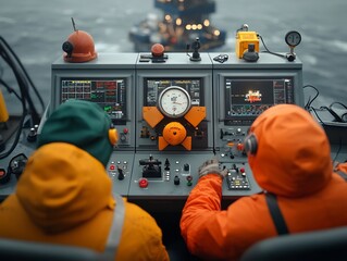 Poster - A group of weathered and experienced offshore workers huddled around a control station