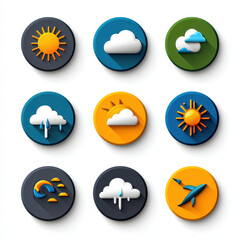 bright and colorful circular weather icons featuring sun, clouds, rain, and rainbow. these icons sho