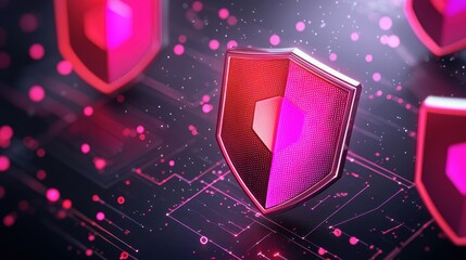 Poster - A digital illustration featuring glowing pink shields on a circuit board background, symbolizing cybersecurity and protection.