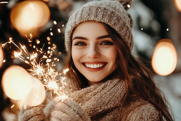 Wall Mural - Generative AI image of person celebrating New Year's Christmas by beautifully decorated tree holiday magic advent