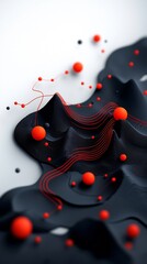 Poster - Captivating dark abstract scene featuring a wave like pattern of vibrant red dots and lines undulating across a mountainous terrain rendered in 3D with a clean white backdrop for a ultra detailed