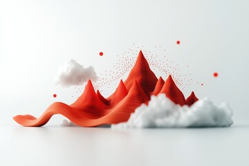 Poster - Dramatic abstract 3D digital art background featuring a mesmerizing wave like formation of vivid red dots and lines composing mountainous geometric shapes against a bright white environment